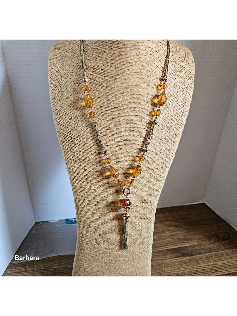 Amber-colored Beaded Tassel Necklace